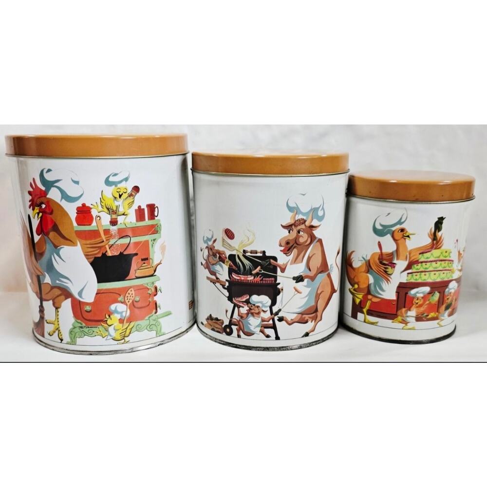 Vtg Whimsical Tin 3 Pc Nesting Canister Set Rare Cartoon-Style Farm Animal Illus